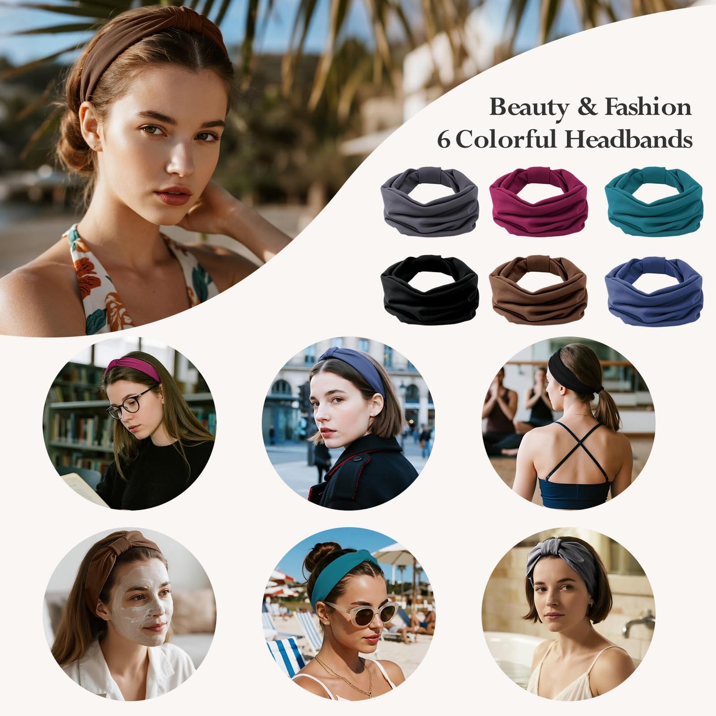 HSEM Headbands for Women, Wide Elastic Head Bands, Non-Slip Thick Hair Bands, Sports Stretchy Sweat Bands, Large Knotted Soft Headband, Gray Burgundy Green Black Coffee Navy