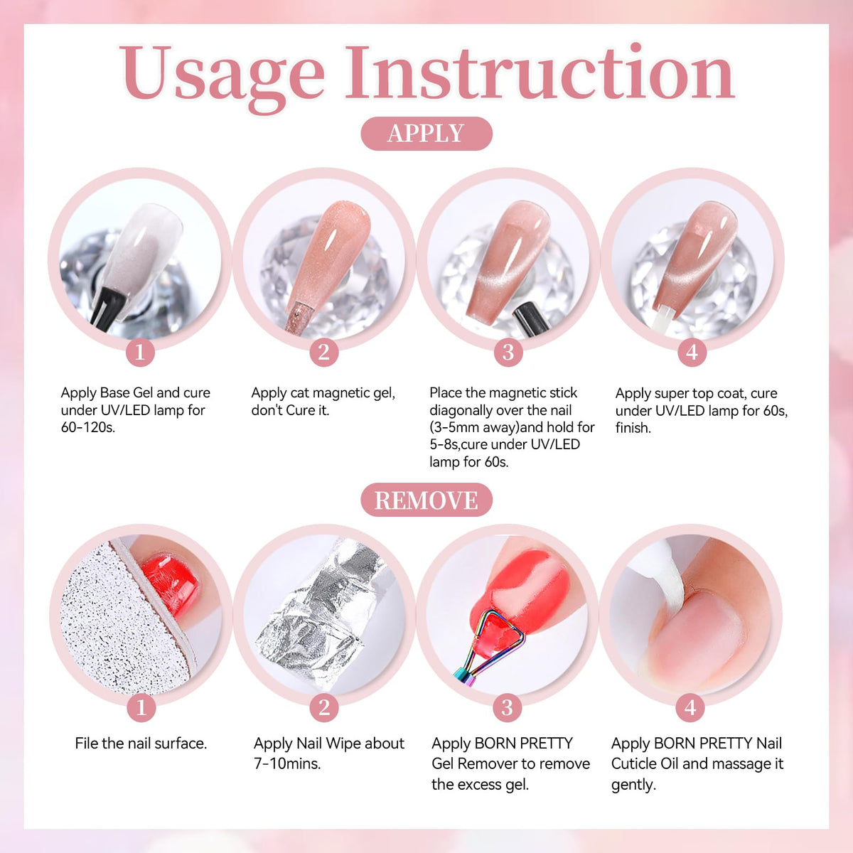 Born Pretty Cat Magnetic Eye Gel Nail Polish Set,6 Color Nude Pink Silver Shimmer Glitter Holographic Magnetic Soak Off U V Gel Polish DIY Art for Girls Women 7ML