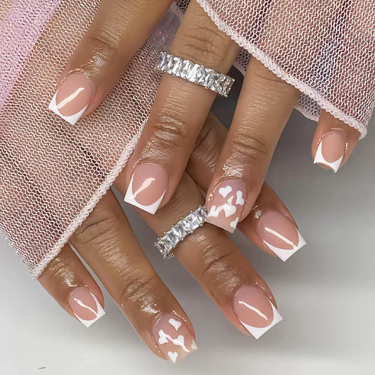 Medium Press on Nails Square - White French Tip False Nails with Heart Design - Glossy Full Cover Stick on Fake Nails for Women Manicure 24 Pcs
