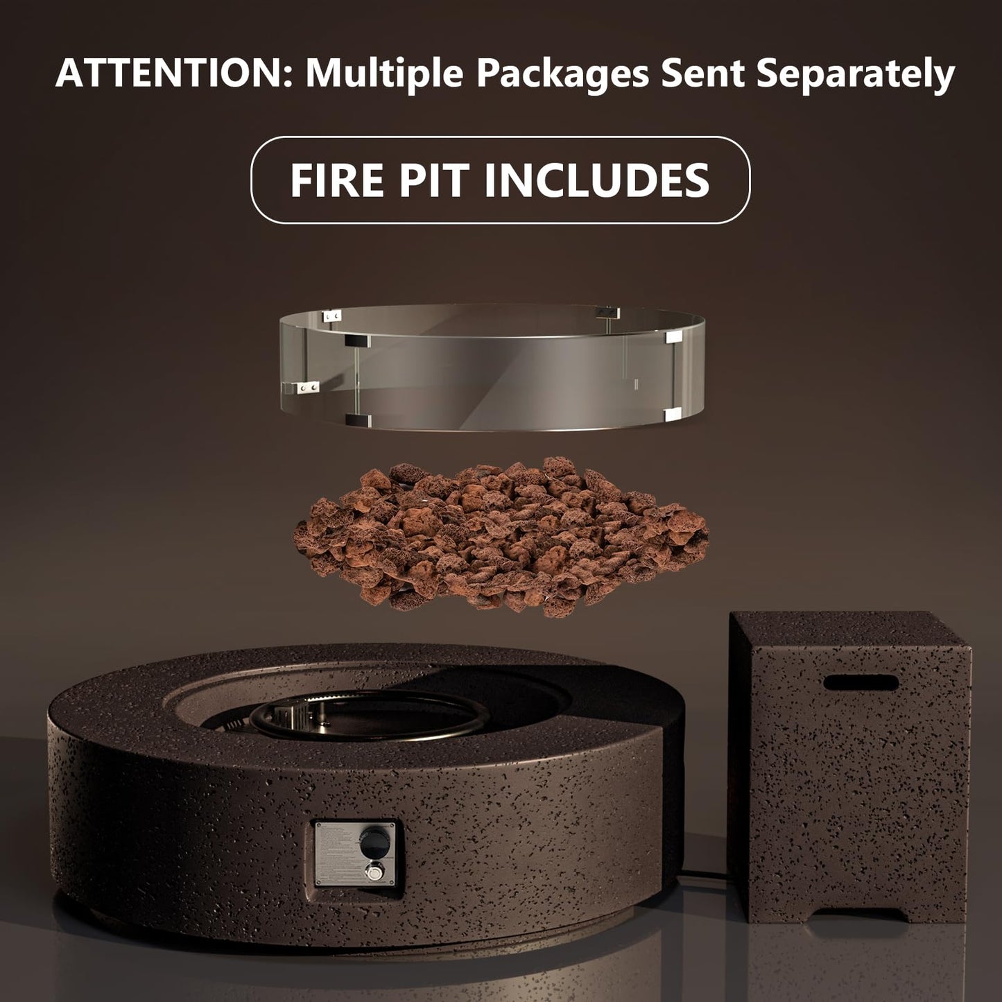 COSIEST 42 inch Outdoor Propane Fire Pit Coffee Table w Concrete Round Base Patio Heater, Certified, 50,000 BTU Stainless Steel Burner, Free Lava Rocks, Rain Cover, Wind Guard, Tank Cover