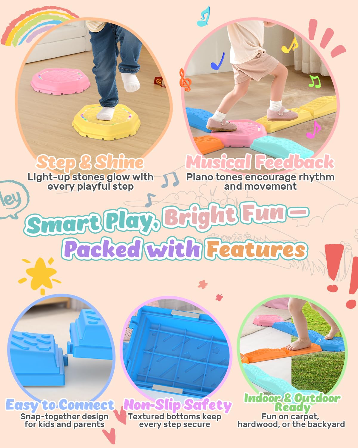 Holyton Light Up Stepping Stones for Kids with Music, 13PCS Balance Beam and Stepping Stone Set, Toddler Balance Beam Obstacle Course, Non-Slip Sensory Toys for Toddlers 3-8, Indoor Outdoor Play