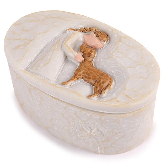 FriyGardcn Resin Keepsake Box Oval 3.82 Inch, Memorial Trinket Box for Dog Ashes Pet Hair Collar Tag, Engraved Girl with Puppy Design, Small Decorative Storage for Photo Jewelry Memento