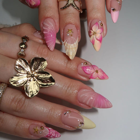 Summer Press On Nails French Fake Nails Press Ons With Gold Starfish Design Pearls Stick On Nails Flower False Nails Glossy Water Ripple Artificial Glue On Nails For Women Nail Supplies
