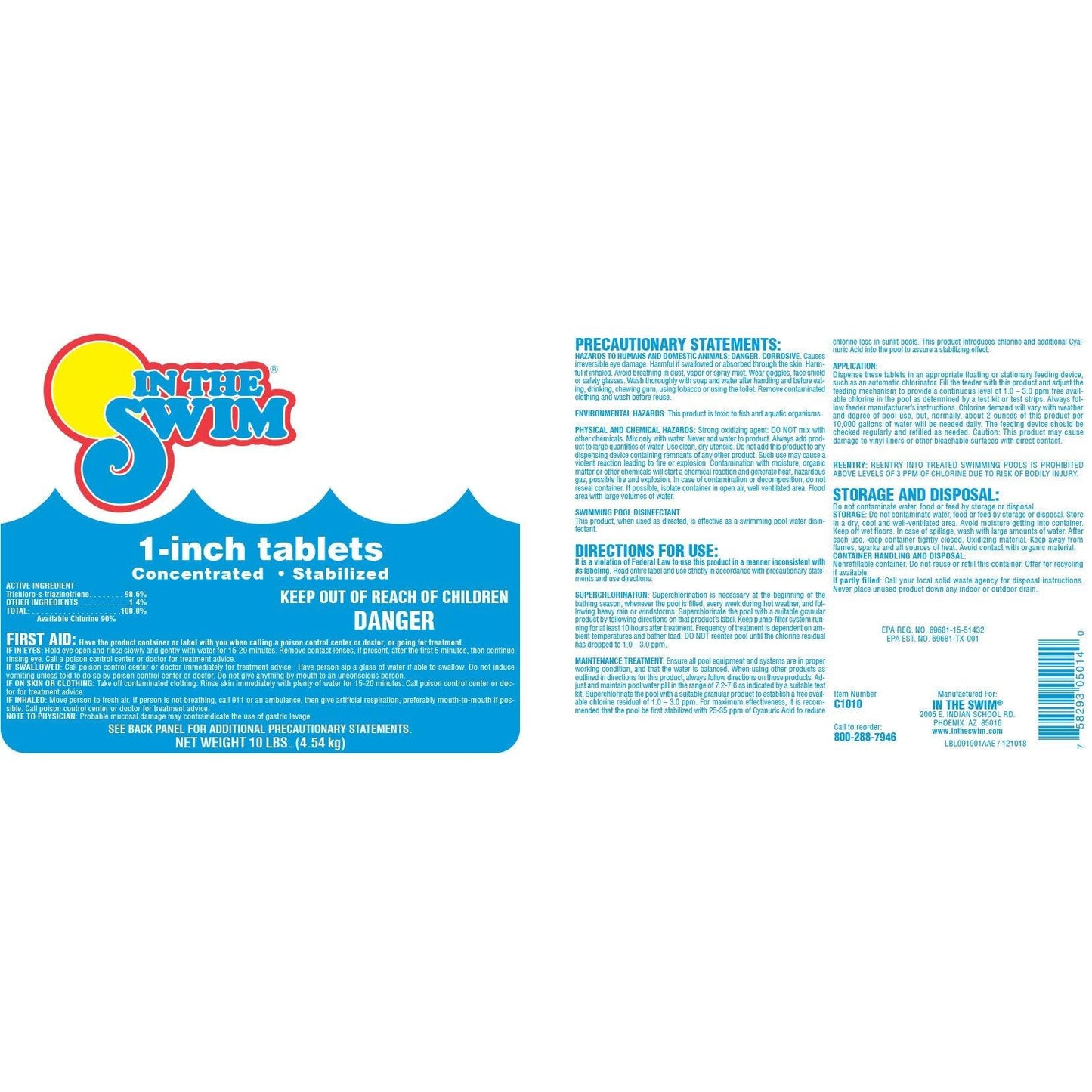 In The Swim 1 Inch Stabilized Chlorine Tablets for Sanitizing Swimming Pools - Fast Dissolving - 90% Available Chlorine - Tri-Chlor - 10 Pounds