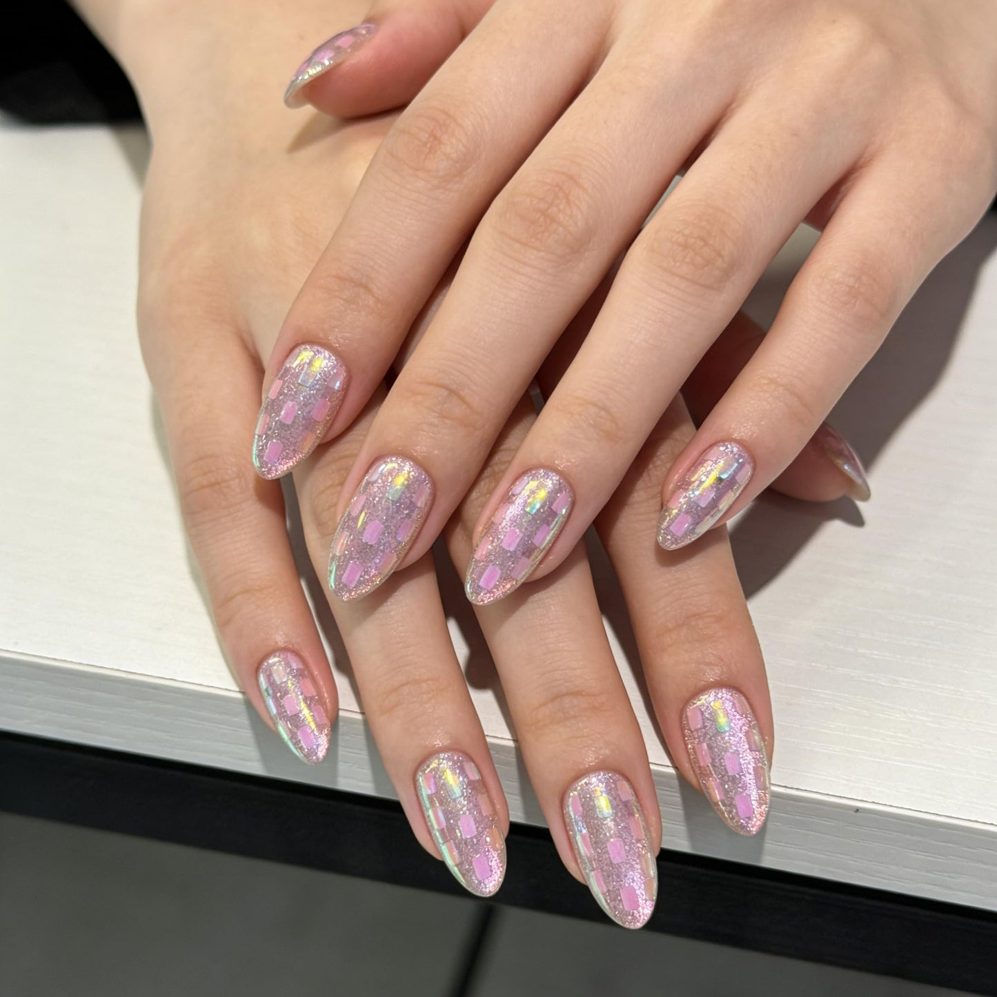 Handmade Press On Nails, Almond Shape Pink Glitter Holographic Checkerboard Fake Nails, Reusable False Nails with Gel Tabs for Women Girls, DIY Manicure for Party Daily Wear M Size