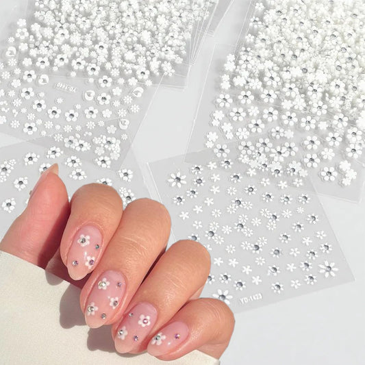 30 Sheets White Flower Nail Stickers 3D Self-Adhesive Floral Nail Decals Small Daisy Nail Art Supplies White Flowers Nail Design Sticker for Women Wedding Acrylic Nails Decoration Accessories Charms