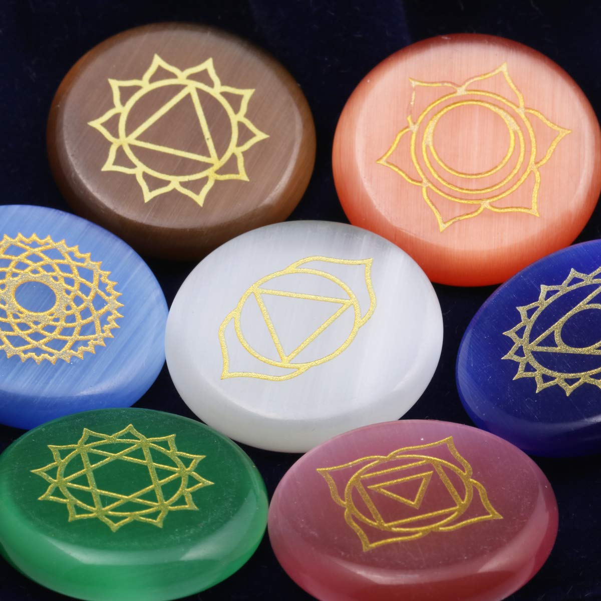 Zotoone 7 Chakra Healing Stone Set, Engraved Round Flat Pocket Stones Reiki Cat's Eye Stones Set of 7 Gift Christmas Birthday Gift