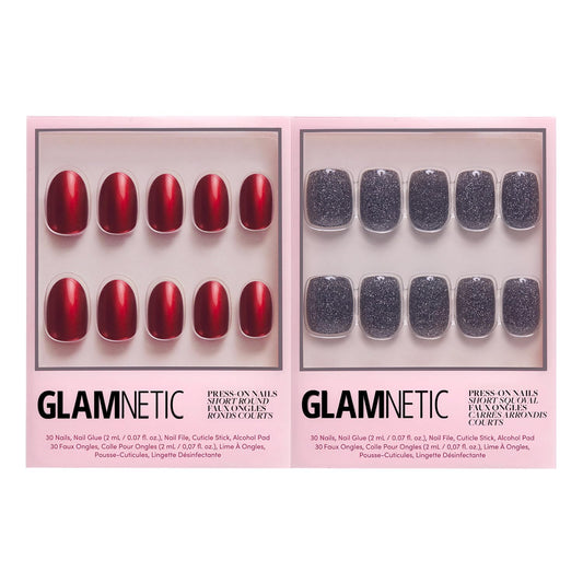 Glamnetic Press-On Nails Bundle - Cherry Glaze & Cosmic | Glazed Short Round Cherry Red Nails | Glossy Sparkly Black Short Squoval Fake Nails | Reusable Nail Kits