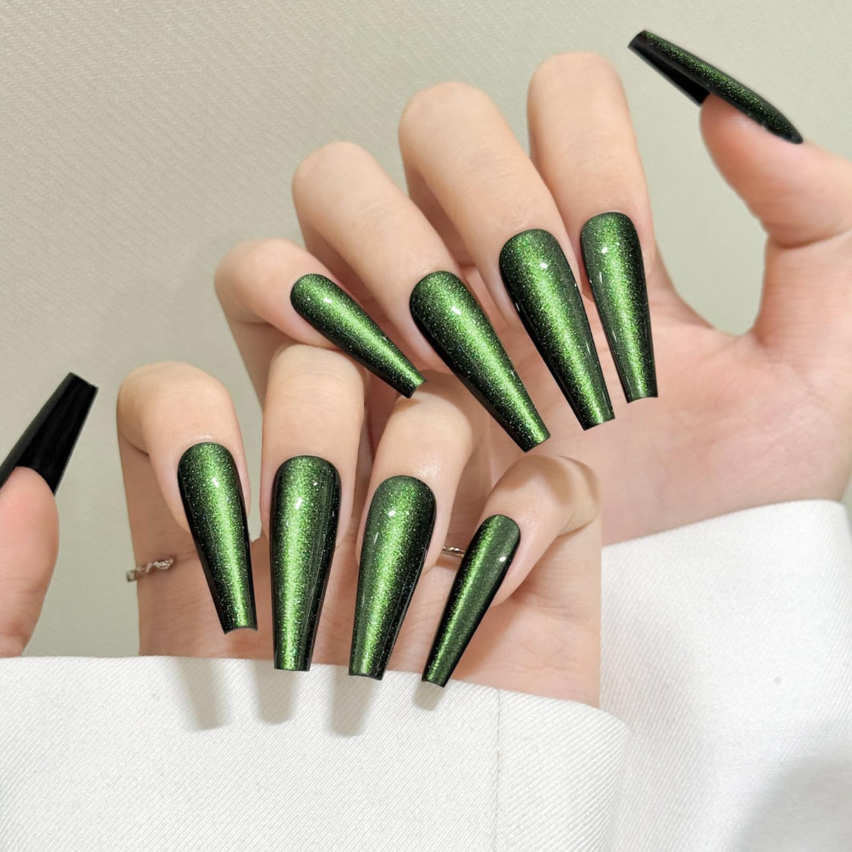 Green Cat Eyes Press On Nails,12 Sizes - 24 Pcs Soft Gel Green Long Coffin Fake Nails Kit with Nail Glue, Natural Reusable Stick On False Nails for Women and Girls SK1043