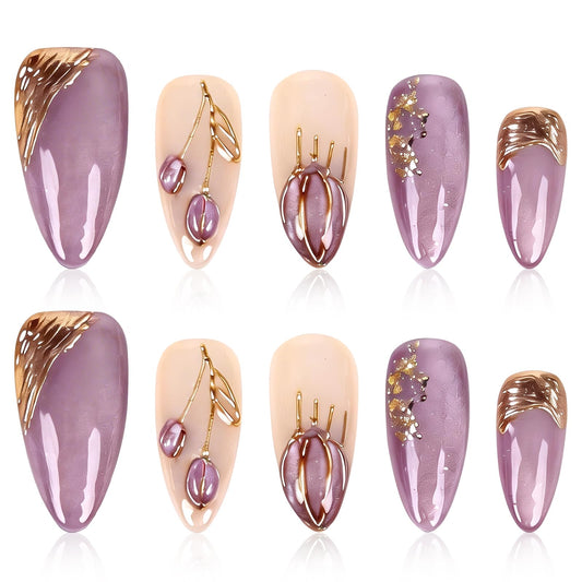 LTXHZYYL Handmade Pres on Nais Amond Purple Nails Press ons 3D Design Reusable ABS Full Cover False Nails Kit-Luxury Medium French Tip Glossy Acryic Fake Nails for Women