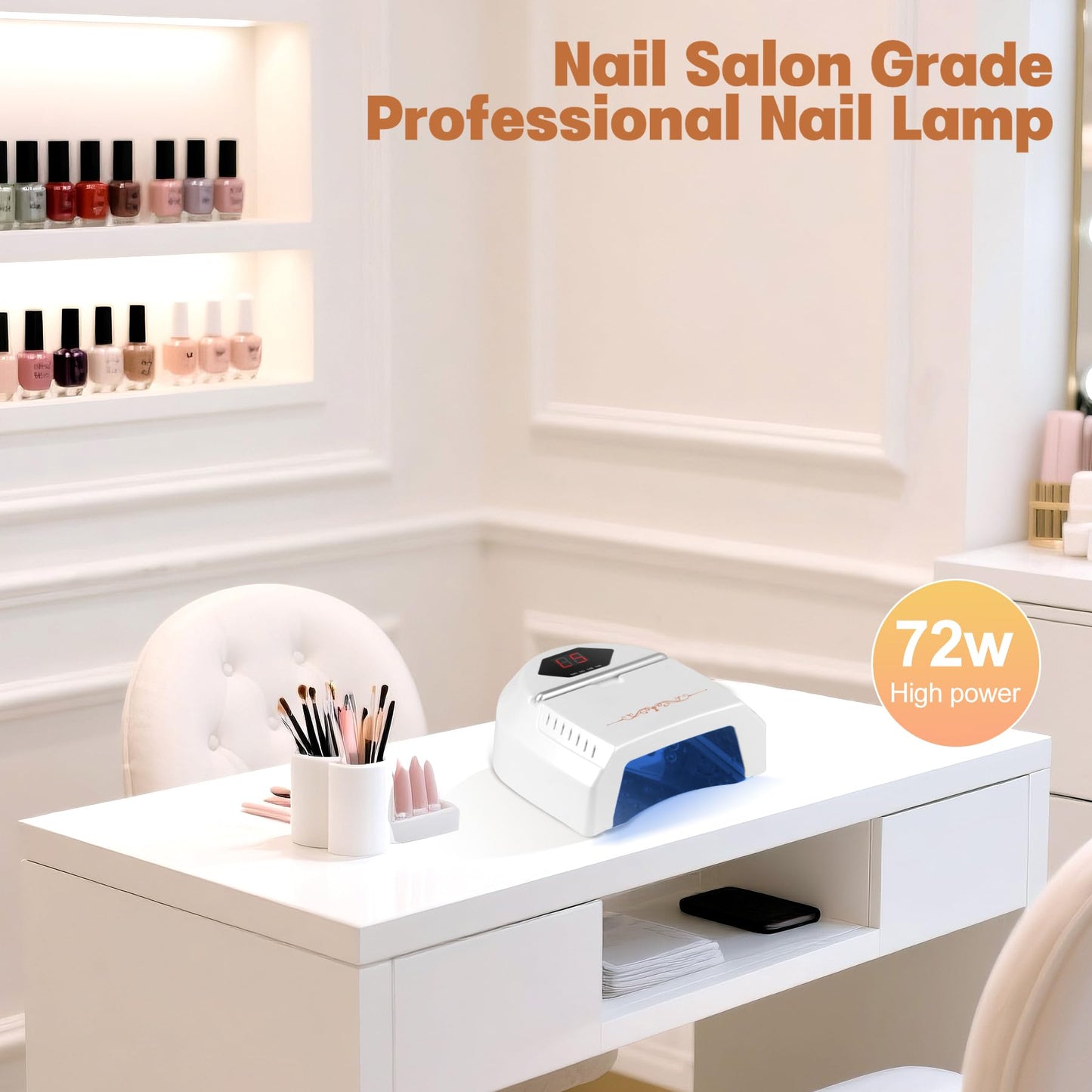 UV LED Nail Lamp Rechargebale, 72W Cordless Gel Nail Lamp with Fan Professional Nail Lamps for Gel Nails Nail Dryer with 45 Beads, Perfect for Salon Manicure, Pedicure, Home DIY Use (Pure White)
