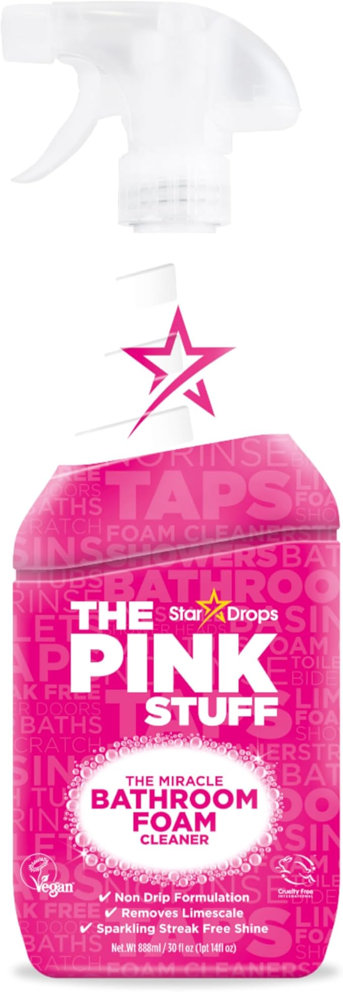 Stardrops - The Pink Stuff Miracle Bathroom Foam Cleaner, 30 fl oz â Now 20% More! Powerful Foaming Action for Showers, Sinks, Tubs & Tiles â Removes Soap Scum, Limescale & Grime with Ease