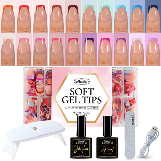 Misssix XBASICTIPS French Tip Press On Nails, 600 Pcs Short Square French Gel Nail Tips, 20 Colors Fake Nails Starter Kit with U V Lamp, Top Coat and Gel Glue for Nail Art DIY 15 Sizes