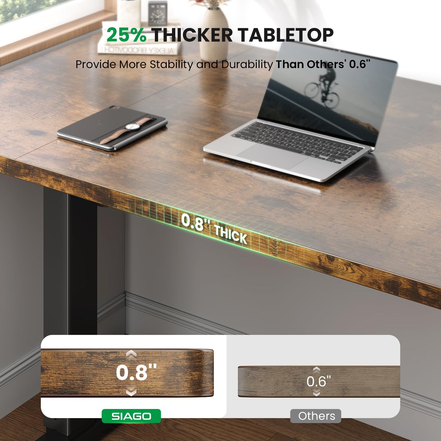 SIAGO Electric Standing Desk Adjustable - 48 x 24 Inch Sit Stand up Desk with 0.8 Inch Thick Tabletop - Adjustable Height Table with 3 Memory Preset, Cable Management for Home Office