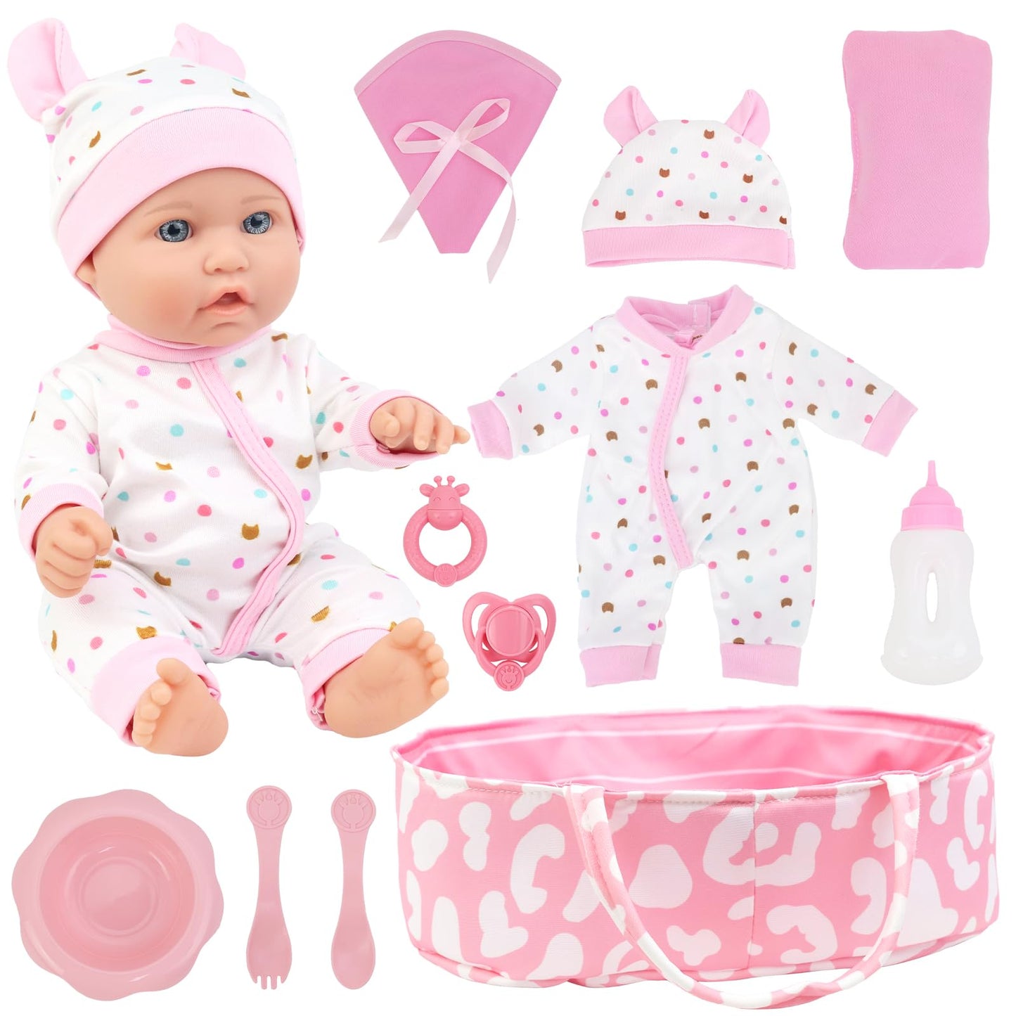 ZITA ELEMENT 12 Inch Baby Doll with Accessories for Baby Doll Reborn Includes Carrier Bassinet Bed, Pacifier, Blanket, Pillow, Feeding Set, New Born Doll Playset for Toddlers 3 Ages and Up