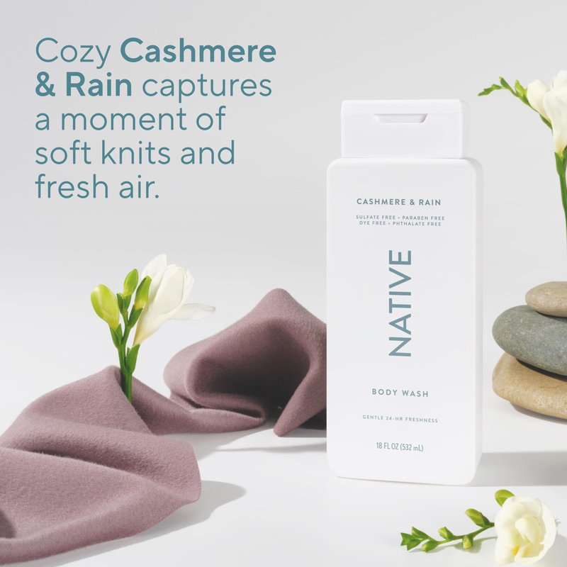 Native Cashmere & Rain Scent 24-Hr Refreshing Clean Body Wash for Men & Women, for All Skin Types Incl. Sensitive, Leaves Skin Feeling Clean & Soft, Free of Phthalates, Sulfates & Parabens, 18 oz