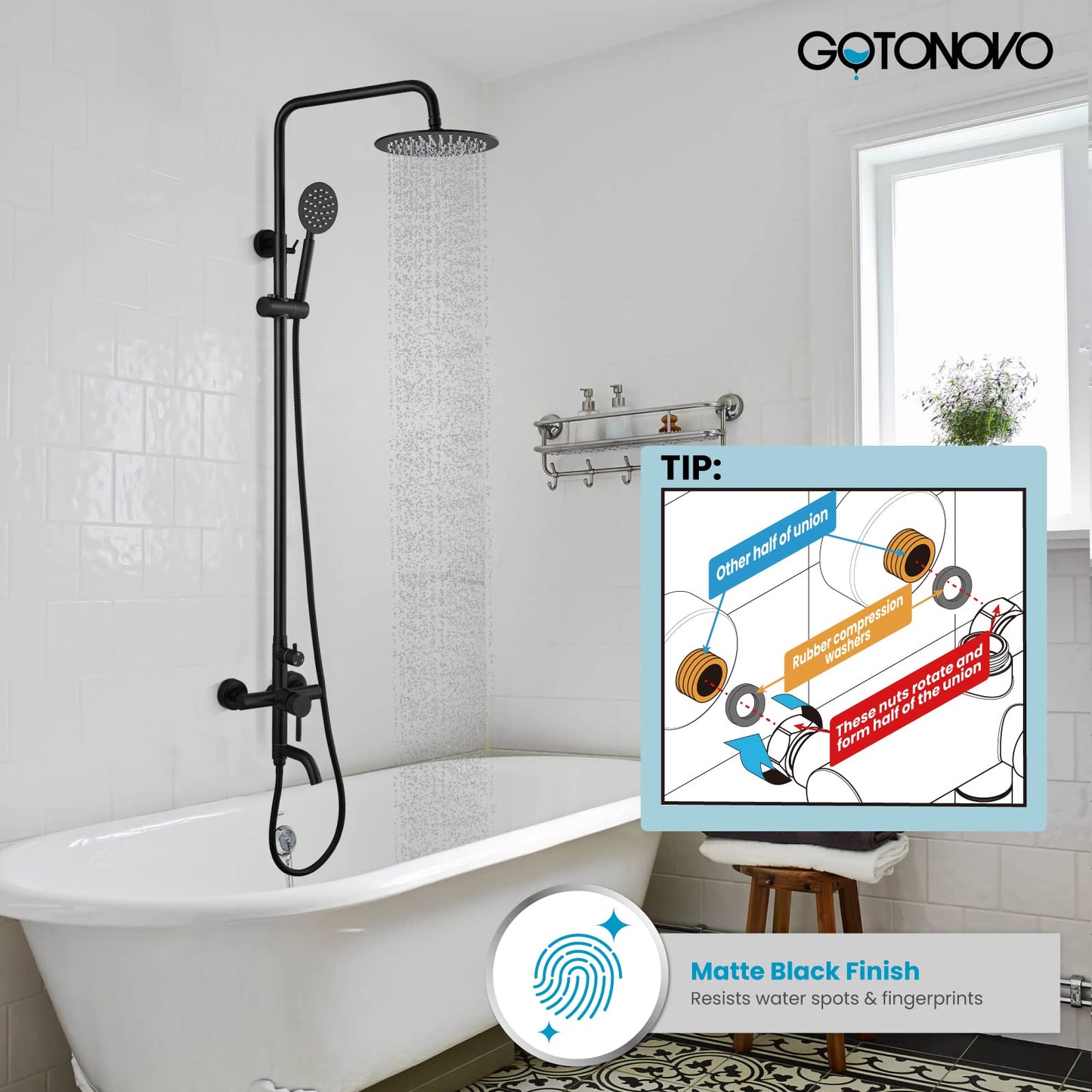 gotonovo Shower faucet Set Matte Black Triple Function with Adjustable Hand Sprayer and Tub Spout SUS 304 Stainless Steel 8 Inch Rainfall Shower Head Bathroom Shower Fixture Wall Mount Complete Set