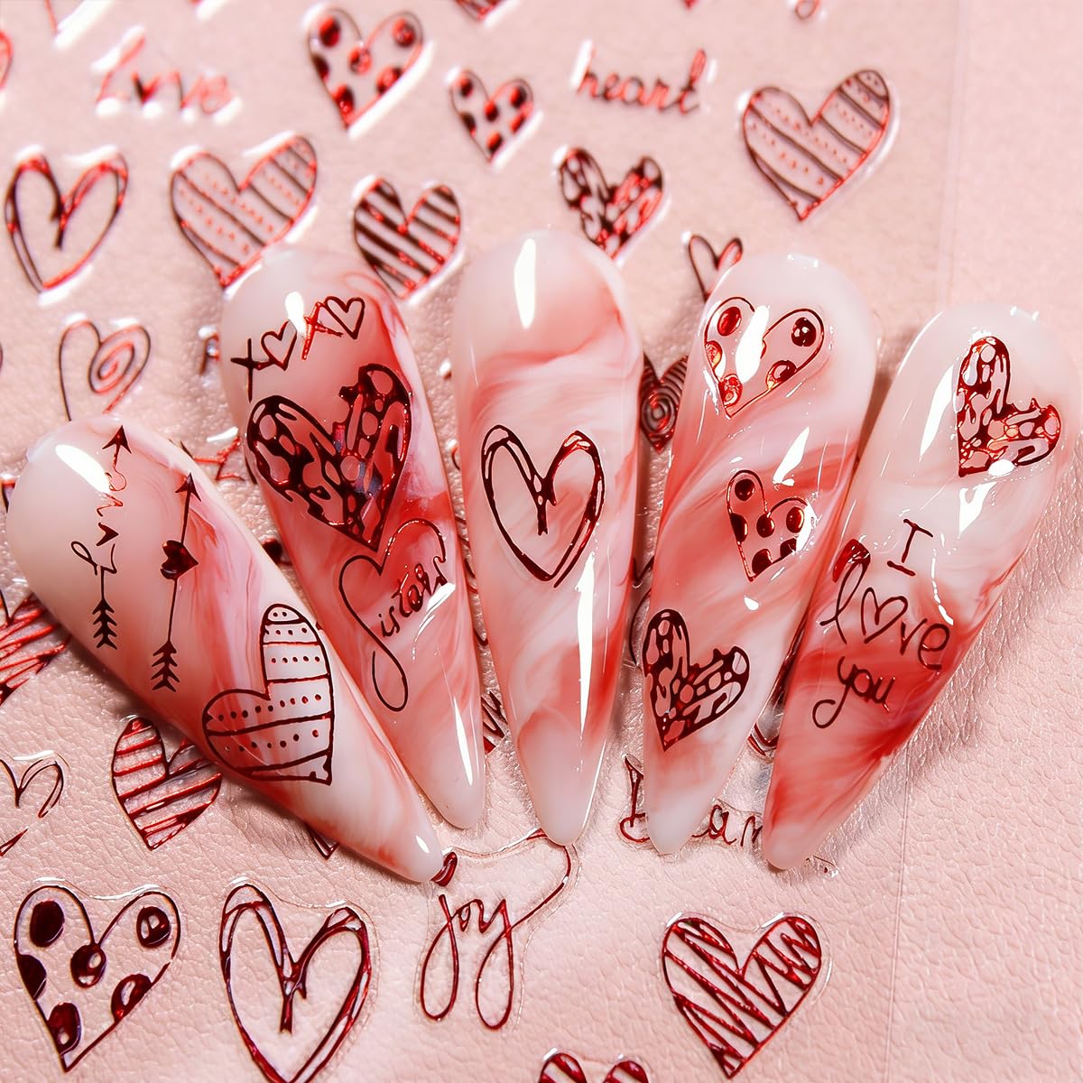 4 Sheets Valentines Nail Art Stickers Romantic Love Heart Nail Decals Glitter Laser Red Design Nail Stickers 3D Self-Adhesive Valentine's Holiday Nail Art Supplies for Women DIY Manicure Decoration