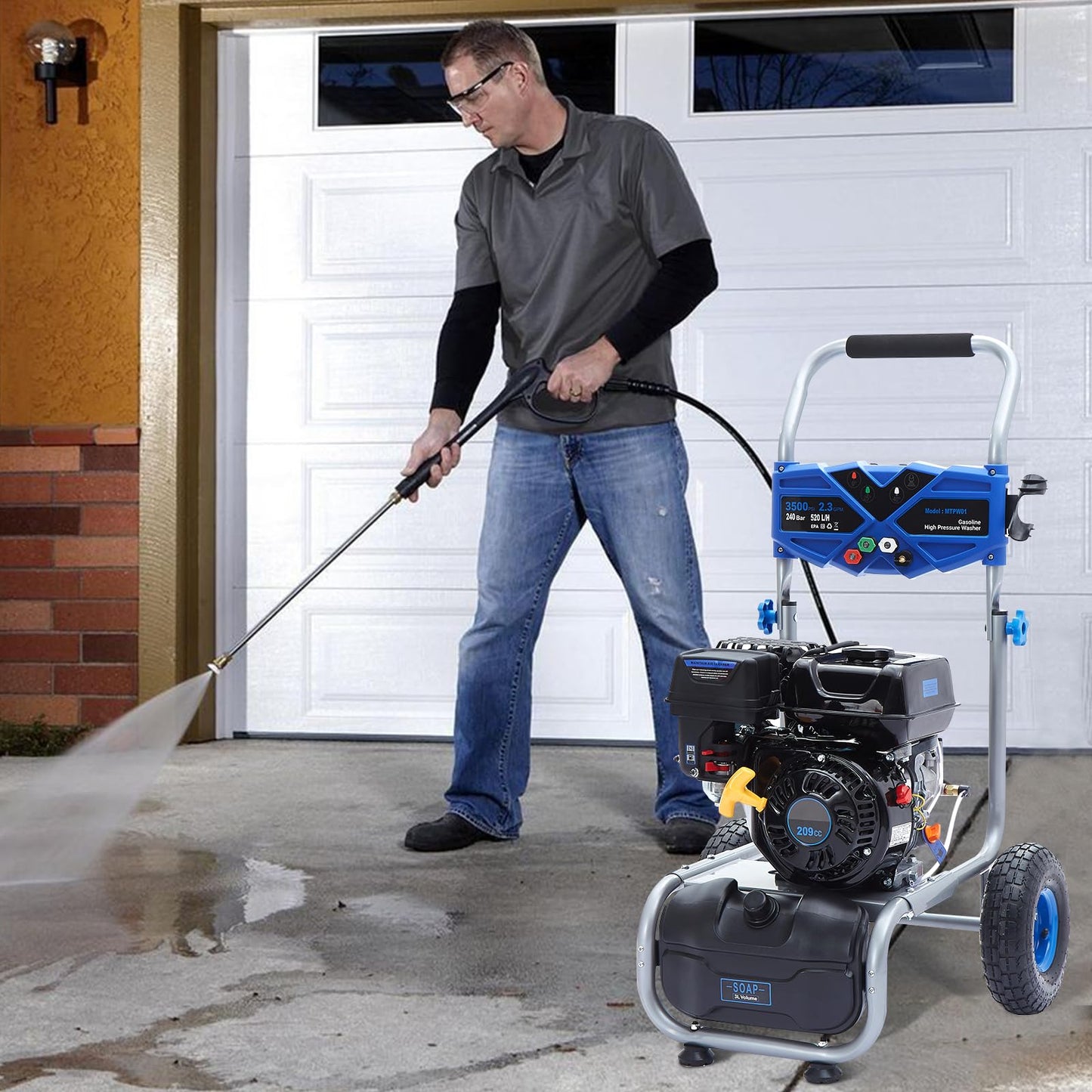 Hushlight Gas Pressure Washer, 3500 PSI 2.3 GPM Power Washer with 209CC Engine, 4 Quick-Connect Nozzles, 25FT Hose, 3L Soap Tank, High Pressure Washer for Car, Driveway, Fence, Patio, Home Cleaning