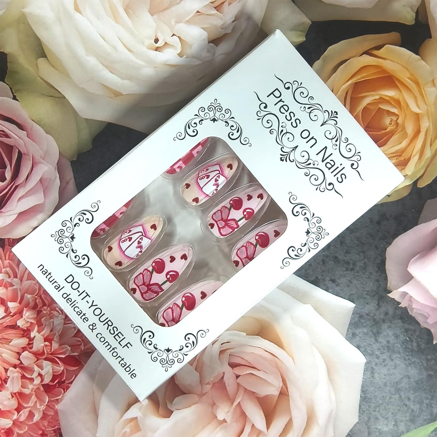 Valentines Press on Nails Medium Length Artificial Acrylic Almond Red Love False Nails Cherry with Poker Design Heart Full Cover Glossy Glue on Nail Artificial Fingernails for Women Festival Manicure