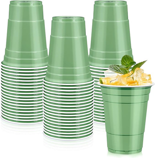 LANLISA 100 Sage Green Plastic Cups, 16 oz Disposable Cups, Drinking Cups For Birthday Party, Baby Shower, Easter Party
