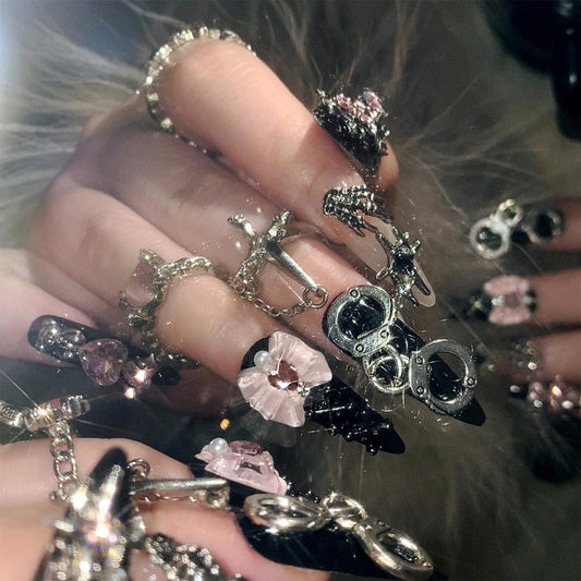 SINHOT Stiletto Press on Nails - Long Fake Nails, Glossy Finish, Y2K Charms & Goth Black, DIY Artificial False Nail Art - 24 Pcs Nail Kit with Glue