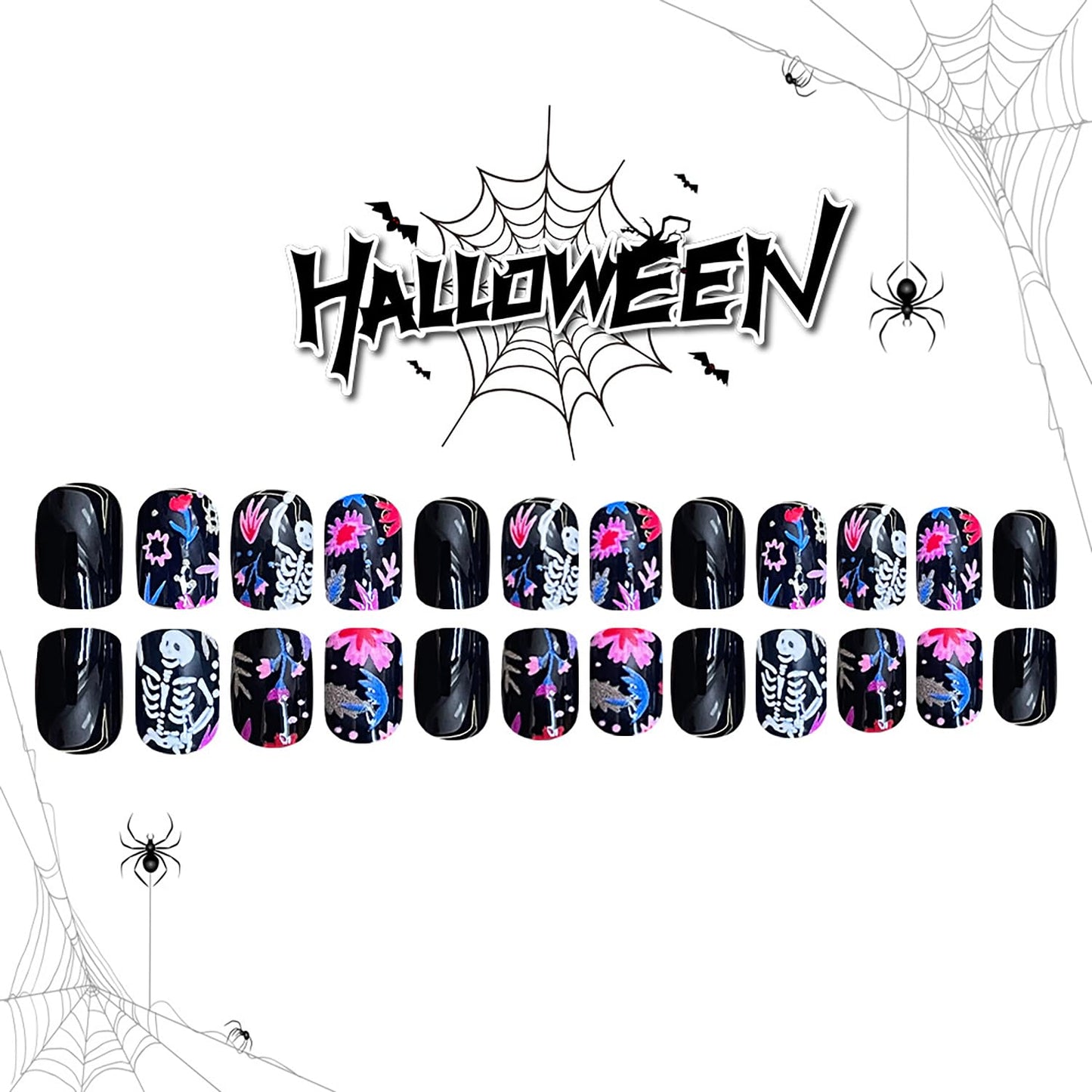 CJDLTS Black Halloween Press on Nails Short Square White Skull False Nail Acrylic Artificial Fingernails Colorful Flowers Design Full Cover Glossy Festival Stick on Nails for Women Supplies 24Pcs