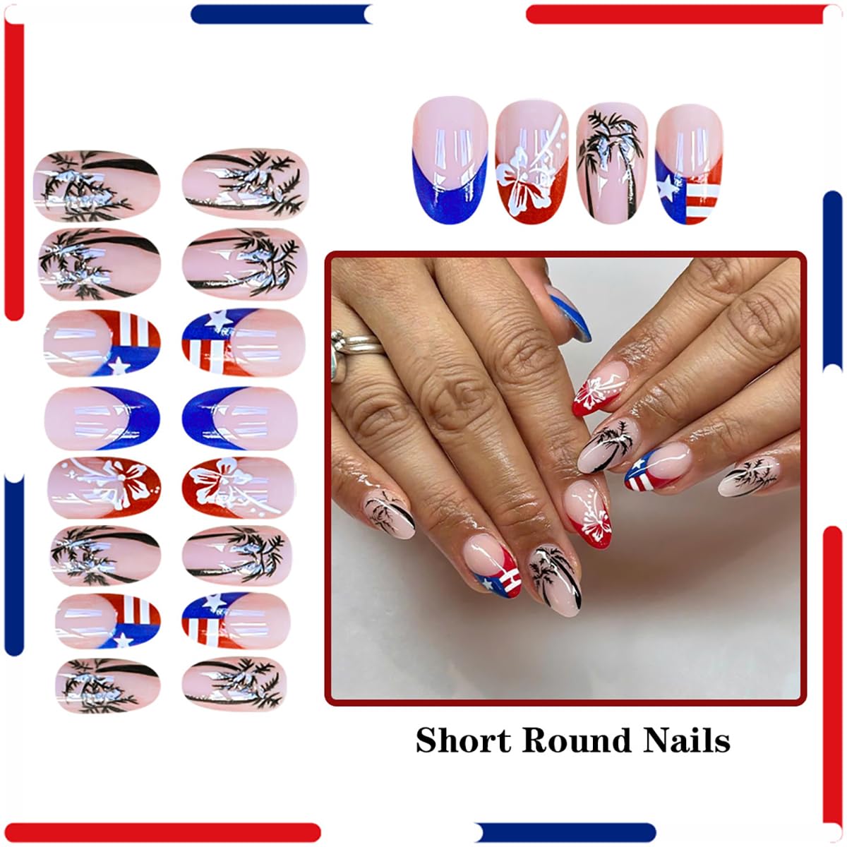 24Pcs Independence Day Nails French Tip Press on Nails Short Almond False Nails Coconut Tree Flower Glue on Nails Design 4th of July Fake Nails American Flag Patriotic Acrylic Nails for Women
