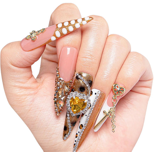 LOVFUL Reusable Press on Nails | Regal Glitz | Salon Quality Sustainable Style Handmade with Full Covered Crystals | Stiletto Mid Length 1.7 in | H259-M