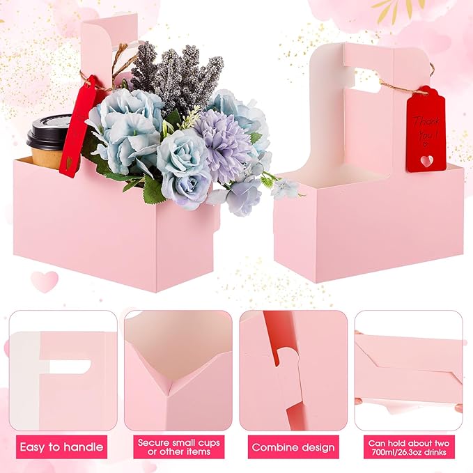 MotiMind 30 Pack Mother's Day 2 Cup Drink Carrier with Handle, Kraft Paperboard Teacher Cup Holder Portable for Hot Cold Drinks, Coffee Carrier Gift with Heart Card Rope (Pink)