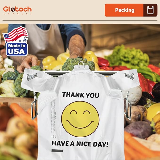 Glotoch 10000 (10K) Ct Plastic Thank You T-shirt Bags Smile Face, 11.5 x 6.5x 21" Have Nice Day Grocery Shopping Gift Bag with Handles for Restaurant, Retail, Togo, Convenience Store, in Bulk Business