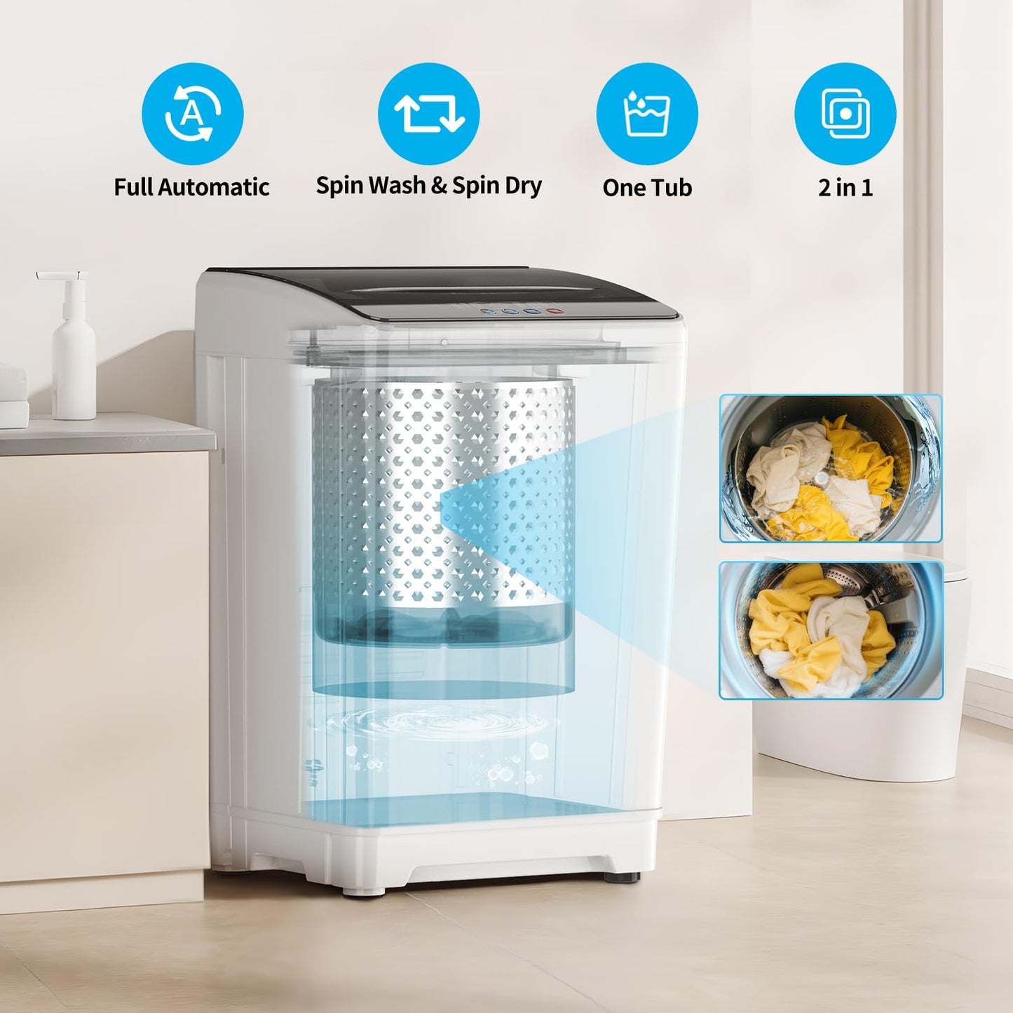 TABU 18lbs Portable Washing Machine, 2.4 Cu Ft Full Automatic Washing Machine with Drain Pump, Automatic Washer and Dryer with 10 Wash Programs & 8 Water Levels for Home, Apartment, RV, White