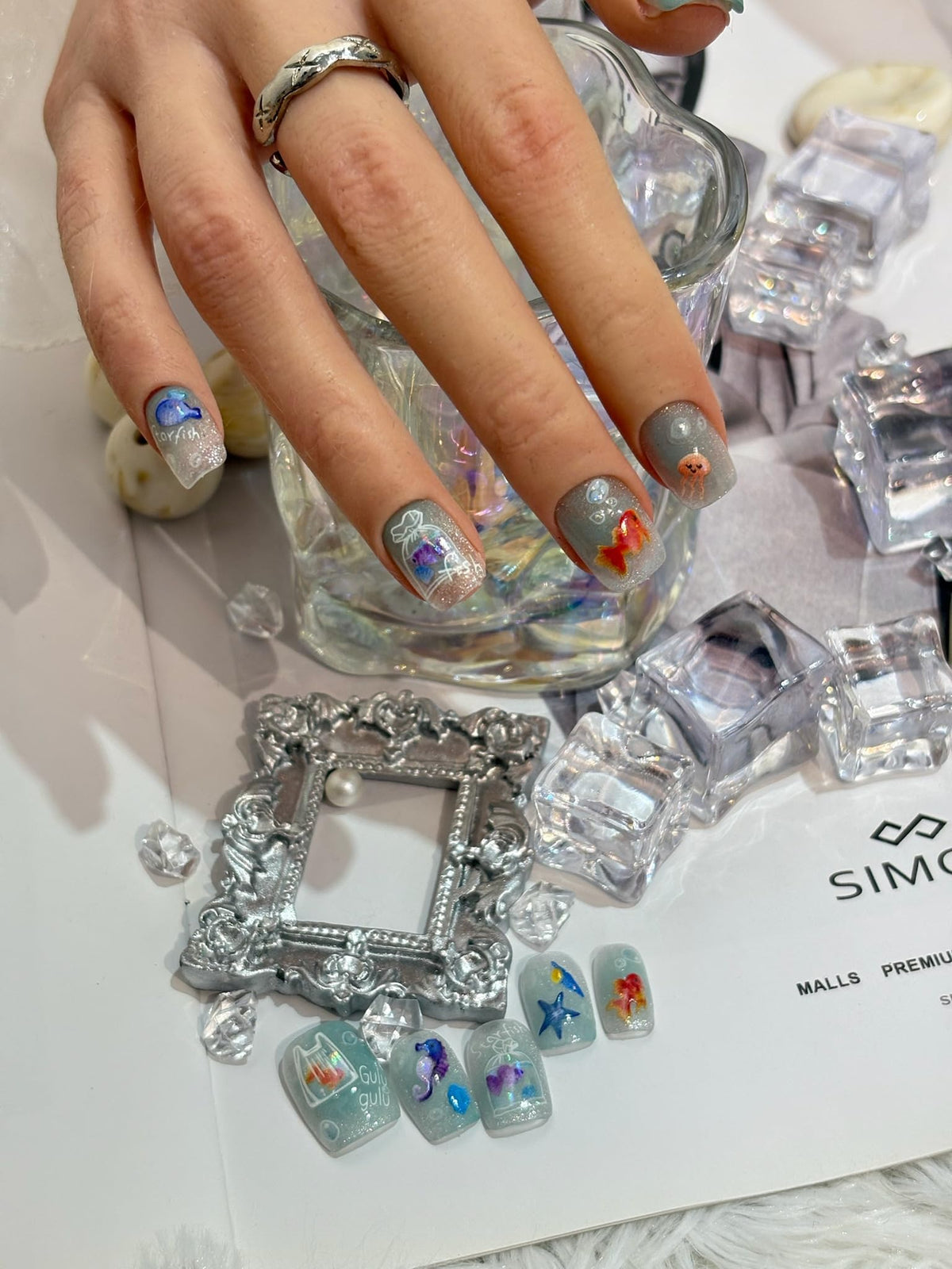 SIMAYKUWA Jelly Bag 3D Goldfish Nail Stickers - 5D Relief Ocean Theme Bubble Water Nail Art Decor, DIY Easy Apply Fake Nails for Women Girls, Cute Long Lasting Manicure Accessories A Set of 2 Sheets