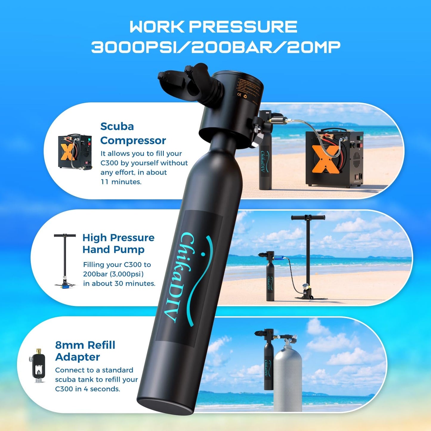 CHIKADIV Mini Scuba Tank with Pump,Portable Diving Tank,0.5l Lung Tank for Snorkeling Diving, Reusable Scuba Diving Kit Gear with Pump Underwater Breathing Training, Emergency Rescue (C Black)