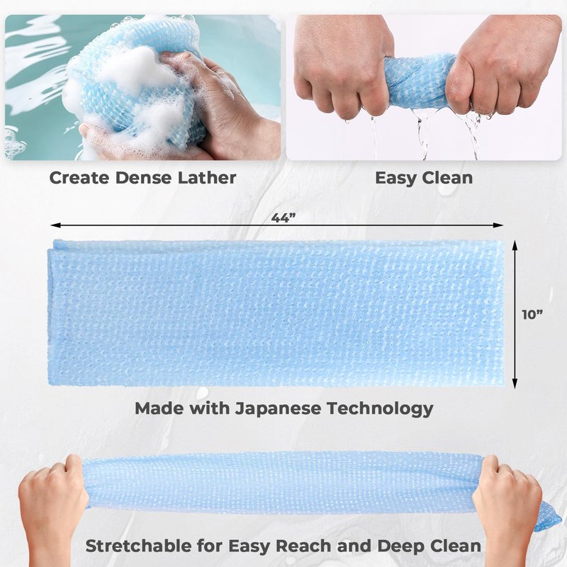 Back Scrubber for Shower and Dead Skin Removal, Exfoliating Body Scrubber for Smooth Skin Japan Washcloth for Shower & Bath, Versatile Body Scrub Towel, Ideal for Skincare, Blue Medium