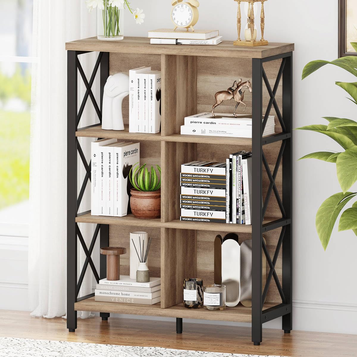 FATORRI Bookcase, 6 Cube Storage Organizer Shelf, Wood and Metal Cubby Book Shelf, Industrial 4 Tier Cube Bookshelf (Rustic Oak)