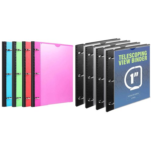 WOT I Telescoping 3 Ring Binder 1 Inch 4 Colors + Telescoping 3 Ring Binder 1 Inch Black 4PCS