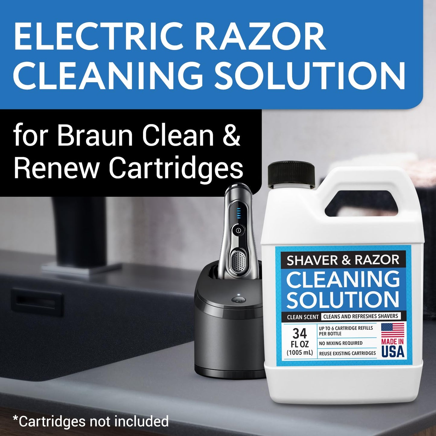 IMPRESA Shaver & Razor Cleaning Solution - 34 Fl Oz Liquid Refill - Compatible with Braun Clean & Renew Series 3, 7 & 9 Cartridges - Scent-Free Shaver Cleaning Liquid