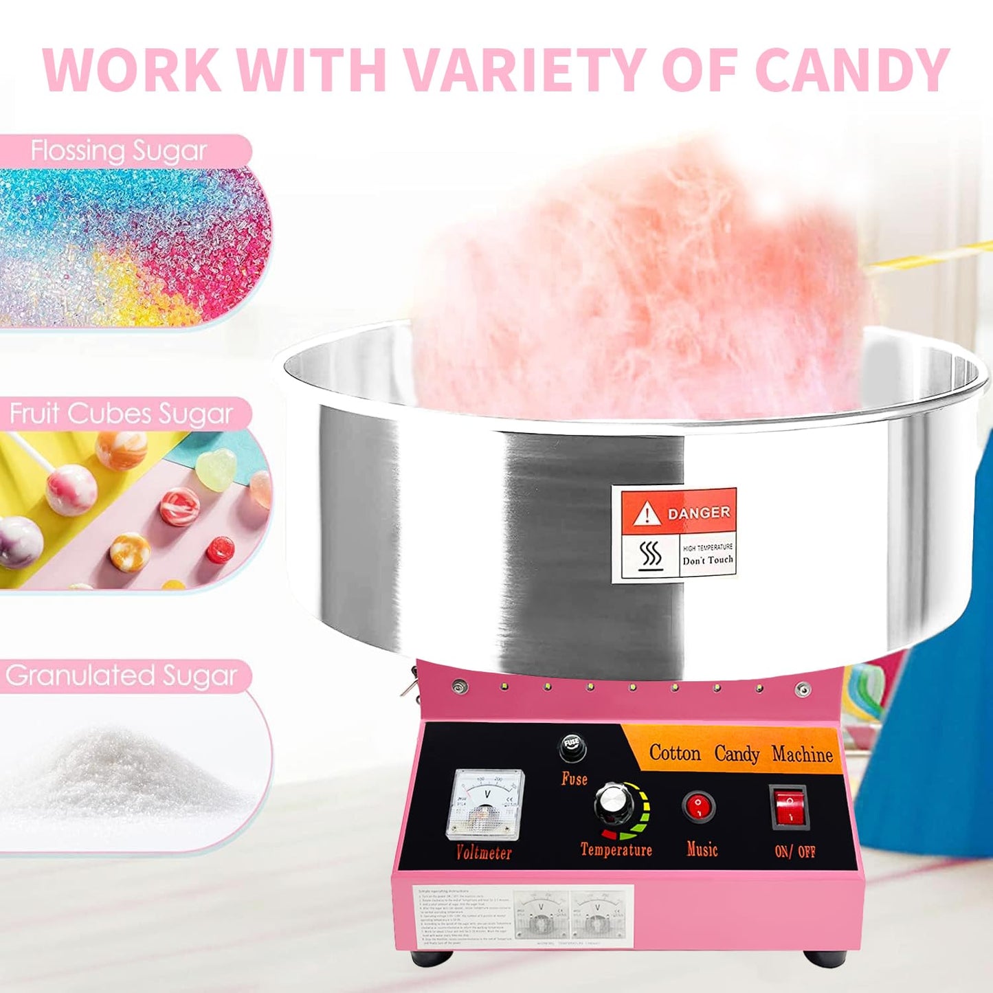 Cotton Candy Machine Commercial, 20" Electric Cotton Candy Maker, 1080W Candy Floss Maker with Sugar Scoop and Lights Music, Perfect for Family Party Amusement Park Carnival