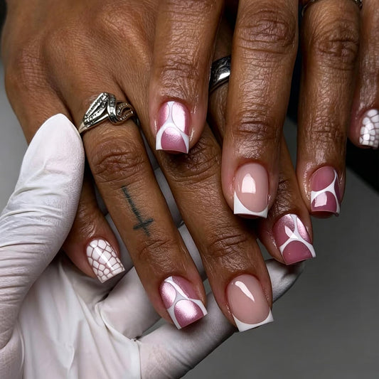 Short Square Press on Nails White French Tip Nails Press ons with White Line & Croc Print Design Nude Base Fake Nails Reusable Full Cover Stick on Nails for Women Manicure 24Pcs