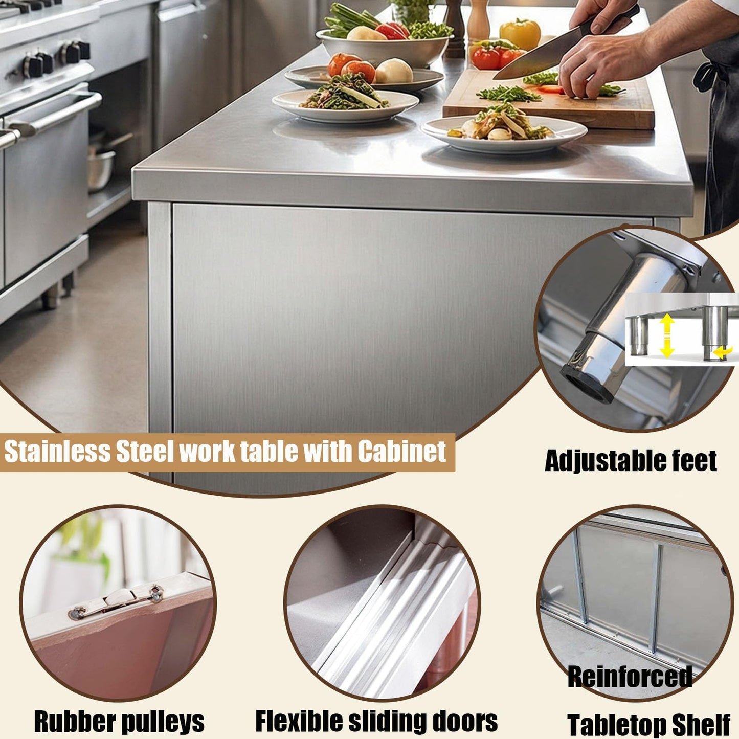 YTALUTTNIE Stainless Steel Work Table with Cabinet, Commercial Kitchen Large Space Storage Prep Table, Heavy Duty Stainless Steel worktable with Shelves for Kitchen Outdoor (no shelf, 100*50*80cm)