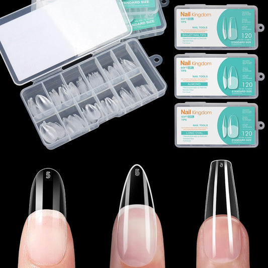 BlueZOO Gel Long Nail Tips Pre-etching Almond Coffin Oval Clear Press On Nails, Salon Quality 3 Styles 360Pcs Half Matte Full Cover Acrylic False Nails Extension DIY Manicure Beginner & Professional