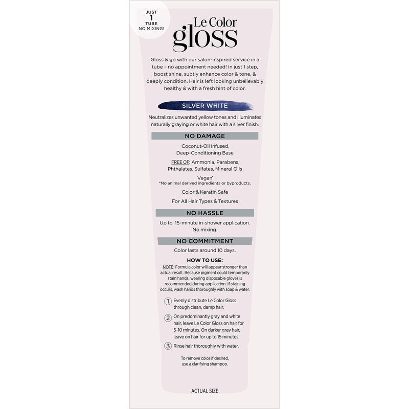 L’Oreal Paris Le Color Gloss One Step Toning Gloss, In-Shower Hair Toner with Deep Conditioning Treatment Formula for Gray Hair, Silver White, 1 Kit