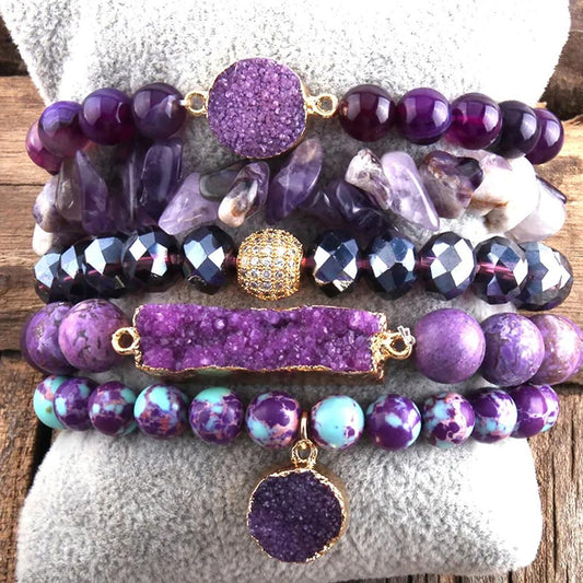 Yomisa 5PCS Natural Boho Beaded Bracelets for Women Men,Healing Turquoise Jasper Agate Crystal Gemstone Stone Diamond Chakra Multilayer Wrap Bohemian Handmade Jewelry Beads Stretch Bracelet Set