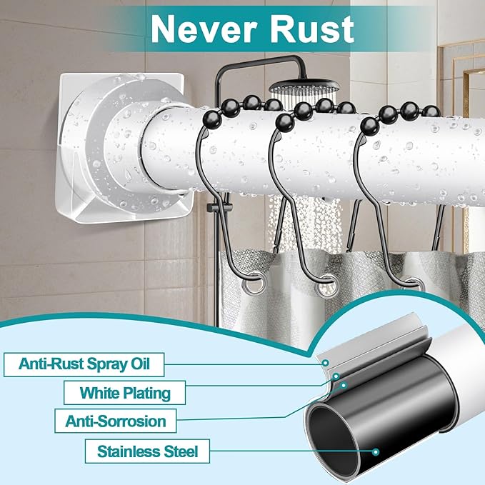 Tension Curtain Rod 36-120In(3-10Ft) with 2 Rod Holders, No Drilling Never Rust Long Shower Curtain Rod, Adjustable Spring Curtain Rod for Large Window or Outdoor Patio, Stainless steel, White