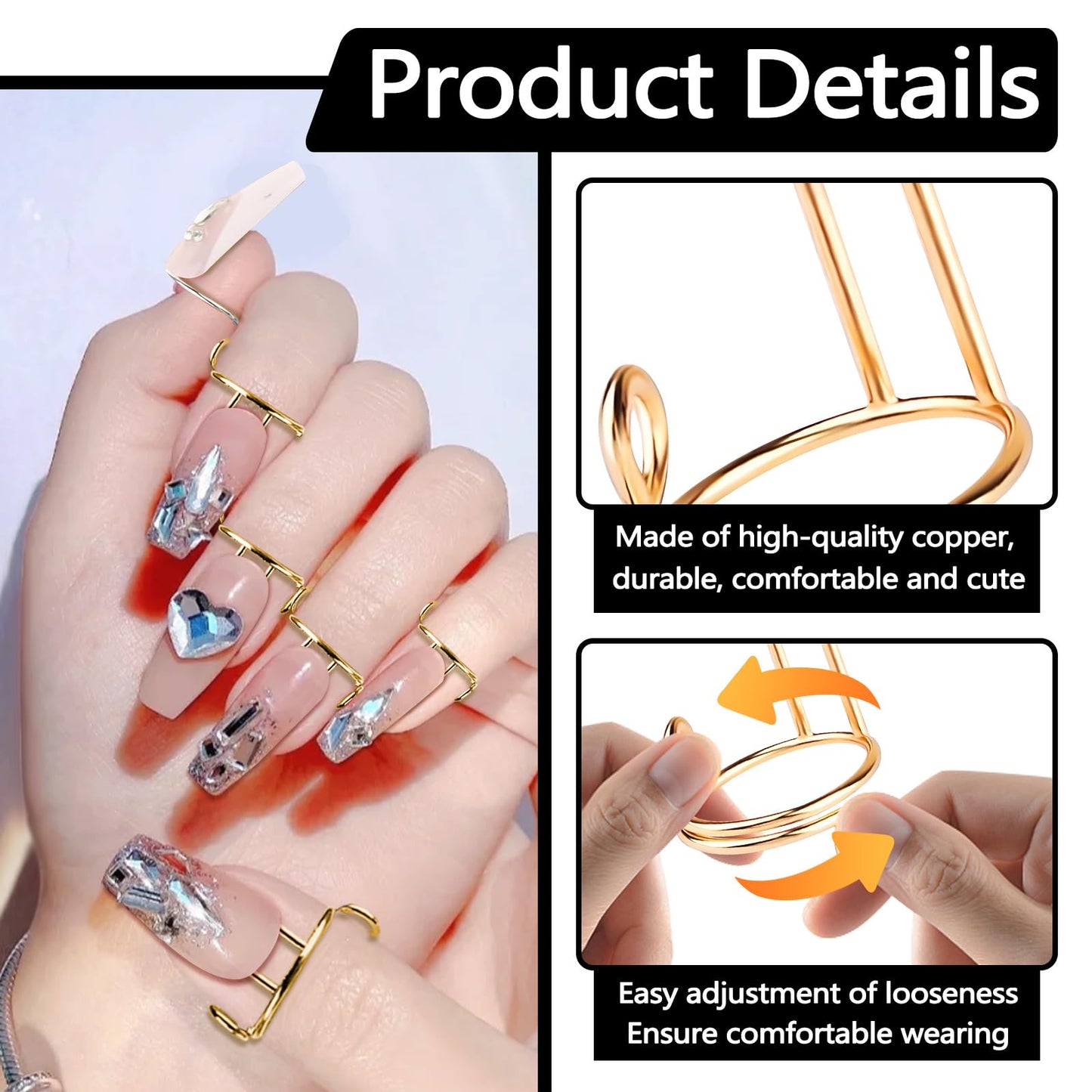Bagentry 20 Pieces Detachable Nail Rings Gold, Adjustable Fingernail Rings for Women Girl Gift, Reusable No Glue Metal Nails for Fingers Art Decoration (Gold)