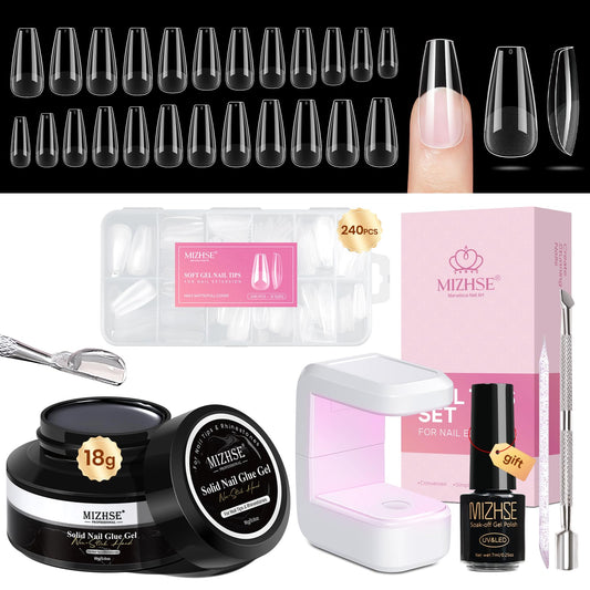 MIZHSE Gel Nail Kit Medium Coffin Gels Nail Tips, Solid Nails Glue Gel for Press On Nails with Portable U V Lamp 240Pcs 12 Sizes Half Matte Nail Tips Easy Nail Extension Set for Women