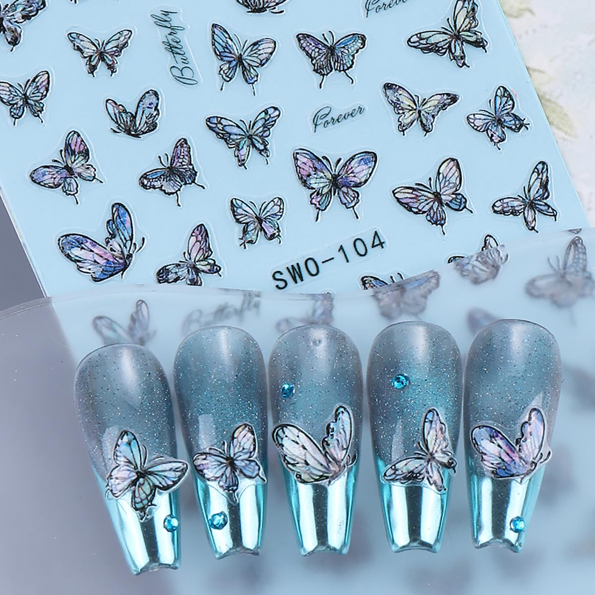 Butterfly Nail Art Stickers Decals 3D Self-Adhesive Nail Decals Design Spring Summer Nail Daisy Flower Butterflies Nail Stickers Supplies for Women DIY Manicure Decoration 2 Sheet