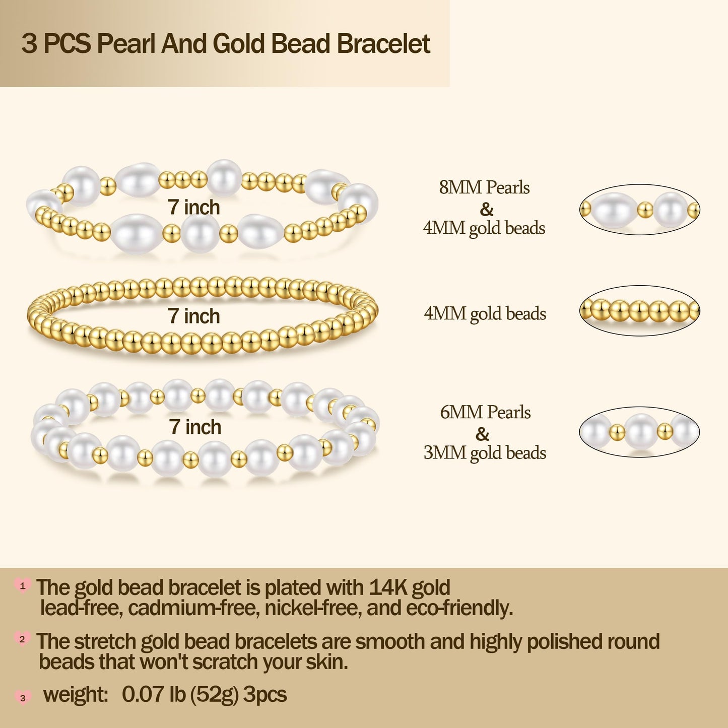 Gold Pearl Bracelets for Women Baroque Beaded Stackable14K Gold Plated Stretch Bead Ball Bracelet Jewelry Gifts （3PCS)