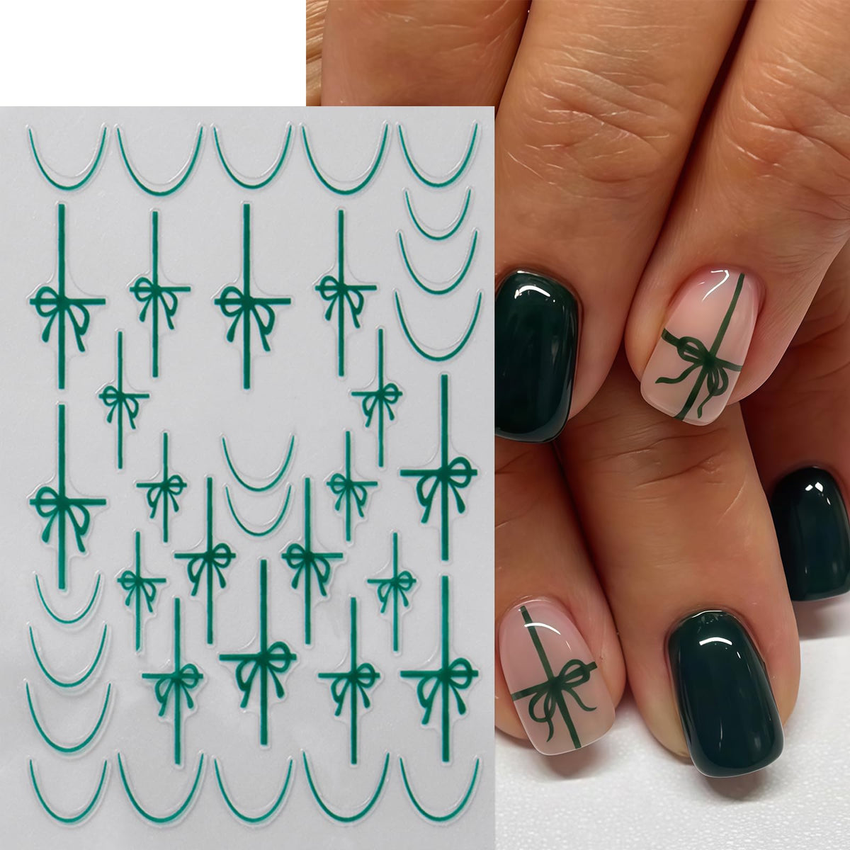6 Pcs Christmas Nail Art Stickers Decals Pink White Glitter Snowflake Nail Decals with Green Gift Box Bow Green French Line Nail Design Pink Candy Stripe Nail Supplies for DIY Manicure Winter Xmas DIY